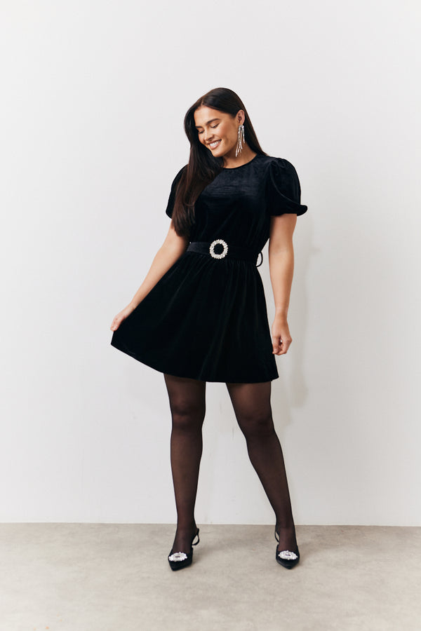 in the style In The Style Velvet Embellished Belt Mini Dress Black