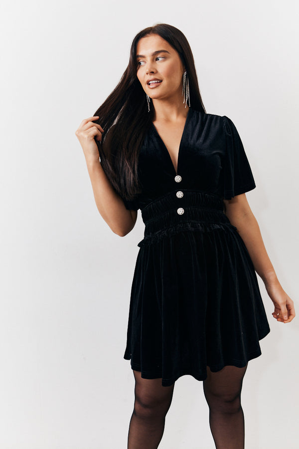 In The Style In The Style Velvet Mini Dress With Embellished Buttons Black