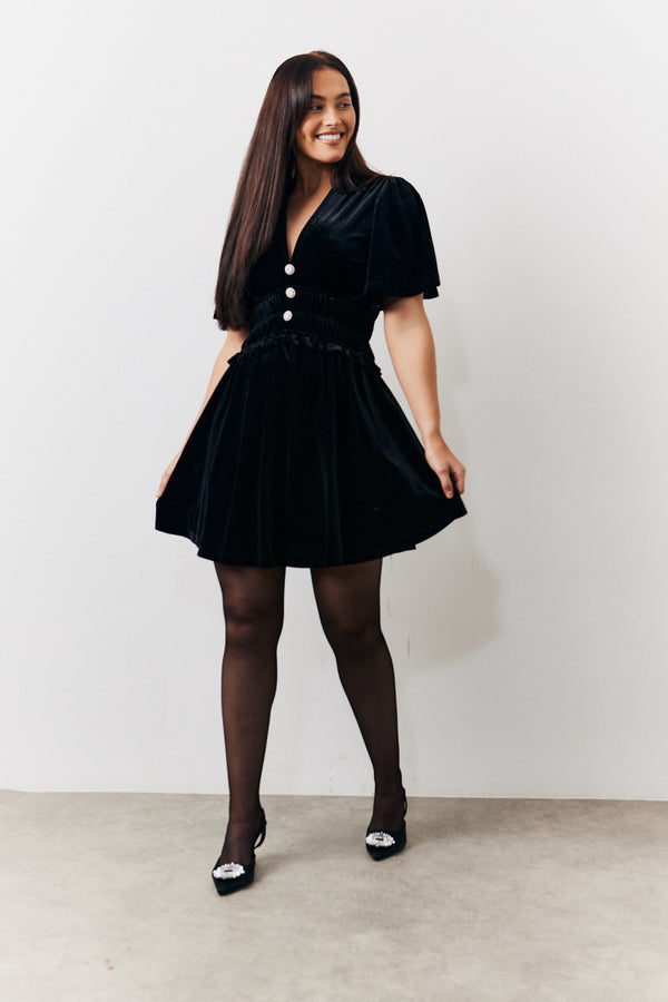 in the style In The Style Velvet Mini Dress with Embellished Buttons Black