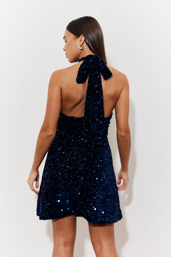 In The Style In The Style Velvet Sequin Tie Back Detail Mini Dress Navy