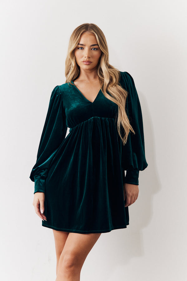 in the style In the Style Velvet Smock Mini Dress Green