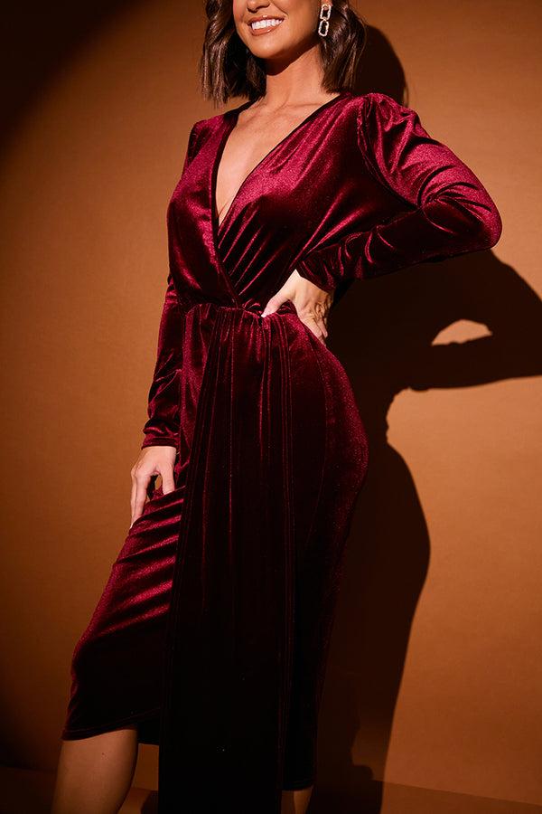 In The Style In The Style Velvet Wrap Front Drape Midi Dress Red