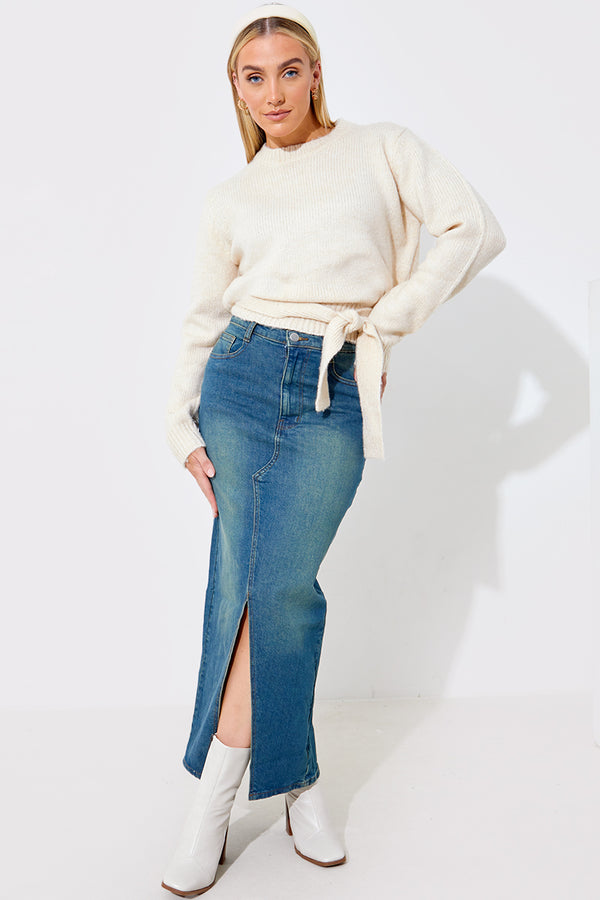 in the style In The Style Vintage Wash Split Detail Denim Maxi Skirt Black