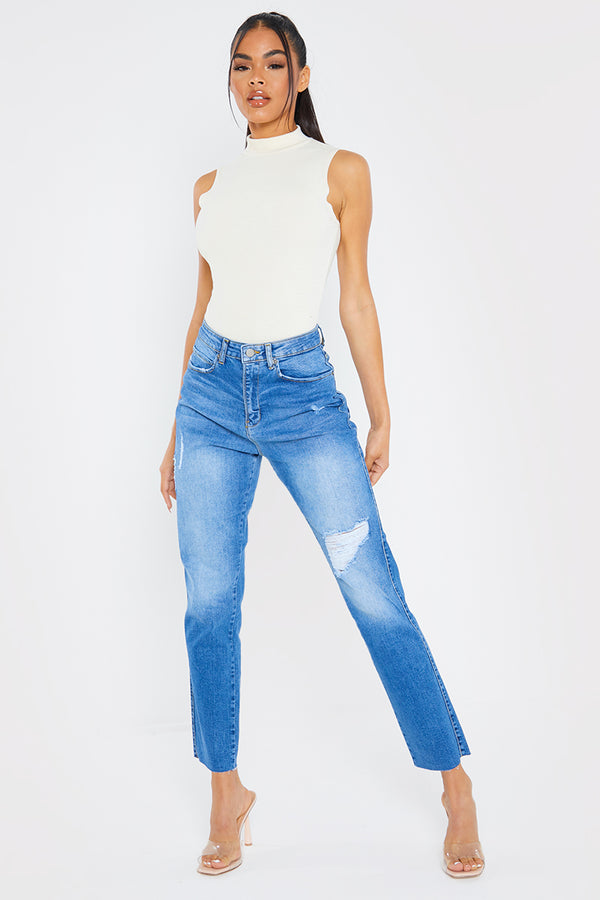 In The Style In The Style Washed Ripped High Waisted Stretch Mom Jeans Blue