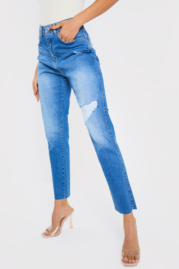 In The Style In The Style Washed Ripped High Waisted Stretch Mom Jeans Blue