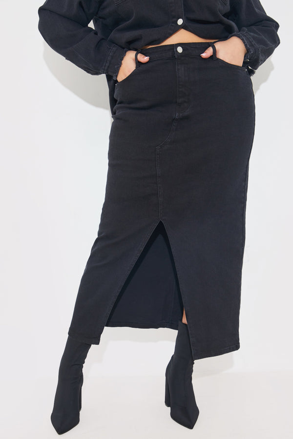 In The Style In The Style Washed Split Detail Denim Maxi Skirt Black