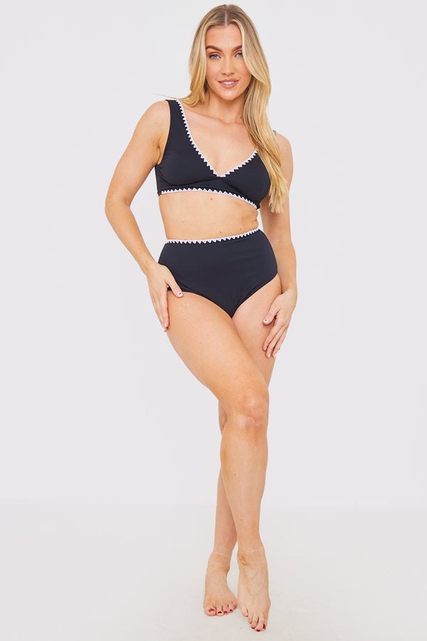 in the style In the Style Whipstitch Trim Tie Back Bikini Top Black