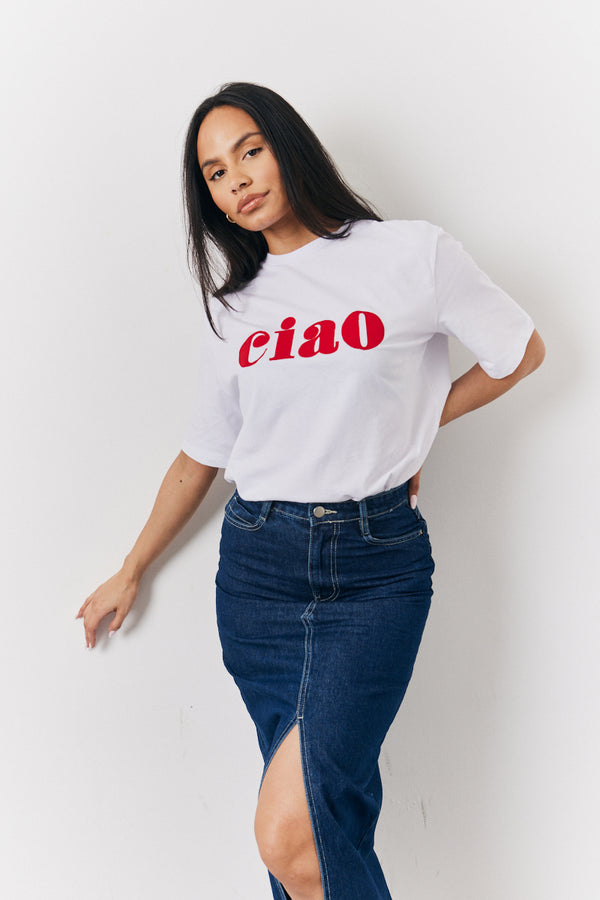 in the style In The Style White Embroidered Ciao Slogan T-Shirt Cream