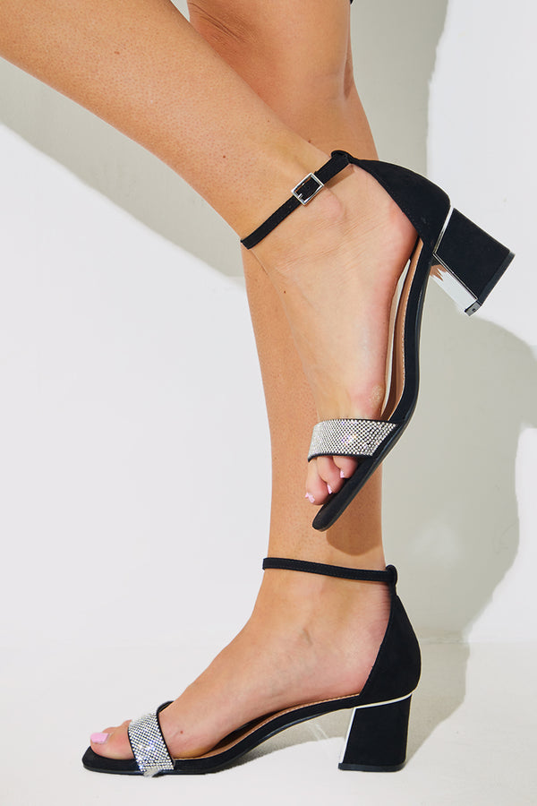 In The Style In The Style Wide Fit Diamante Strap Low Block Heel Black