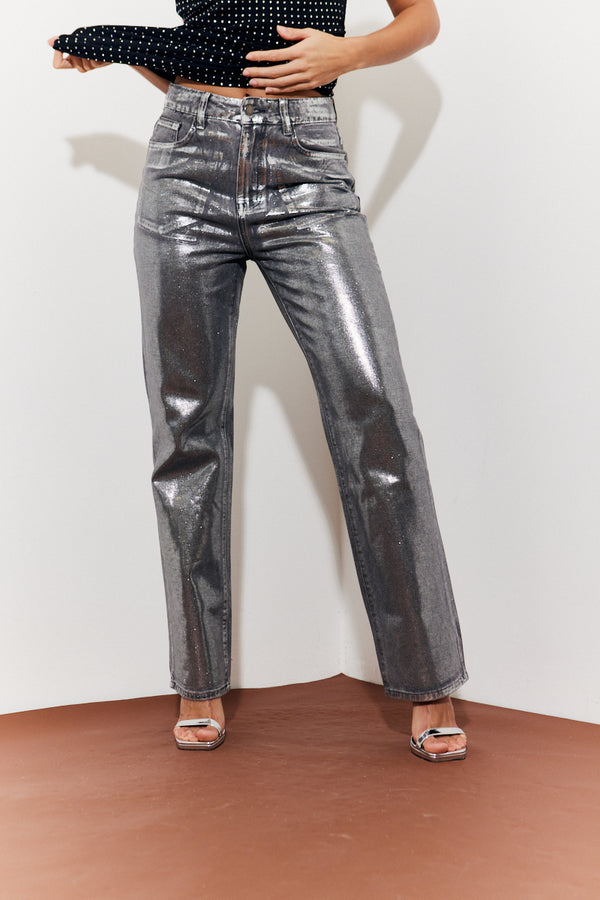 In The Style In The Style Wide Leg Silver Foil High Waisted Jeans Silver