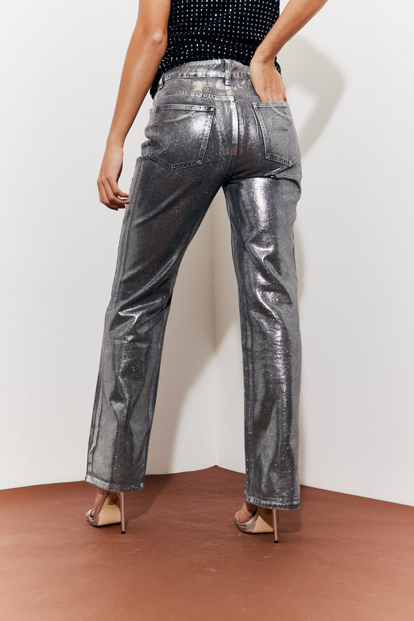In The Style In The Style Wide Leg Silver Foil High Waisted Jeans Silver