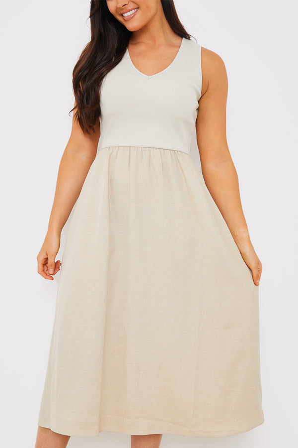 In The Style In The Style Woven Skirt V Neck Ribbed Midi Dress Stone