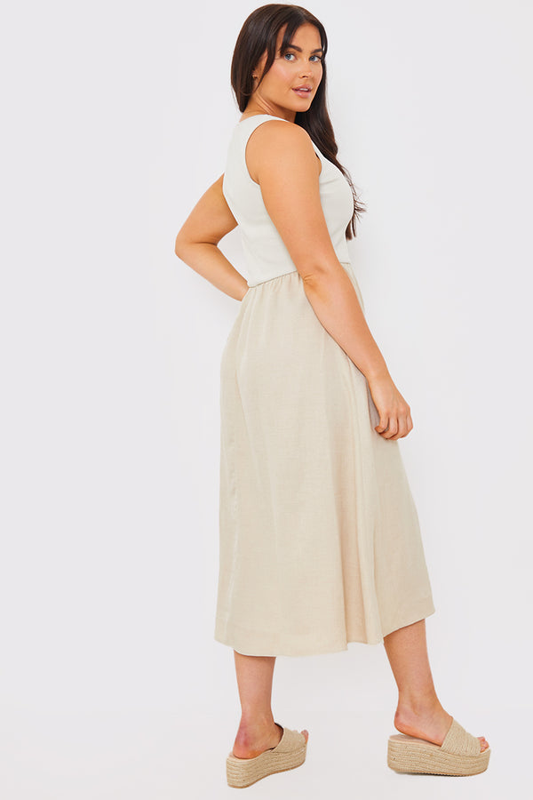 In The Style In The Style Woven Skirt V Neck Ribbed Midi Dress Stone