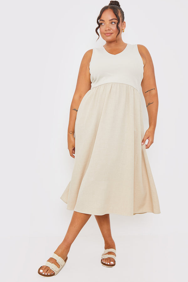 In The Style In The Style Woven Skirt V Neck Ribbed Midi Dress Stone