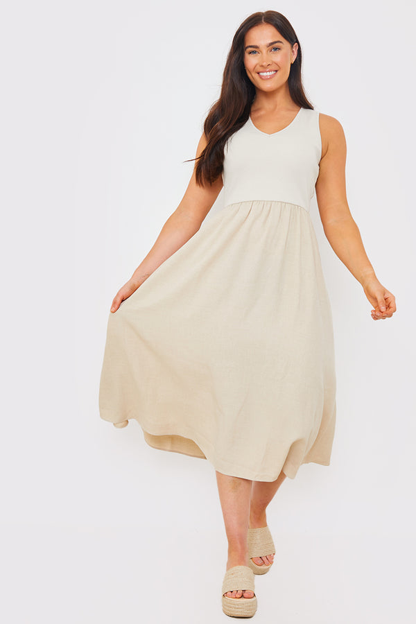 in the style In the Style Woven Skirt V Neck Ribbed Midi Dress Stone