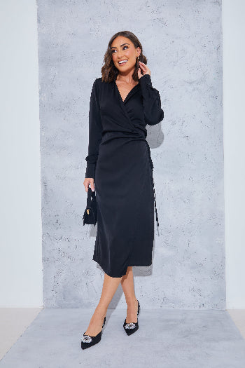 in the style In The Style Wrap Collared Midi Dress Black