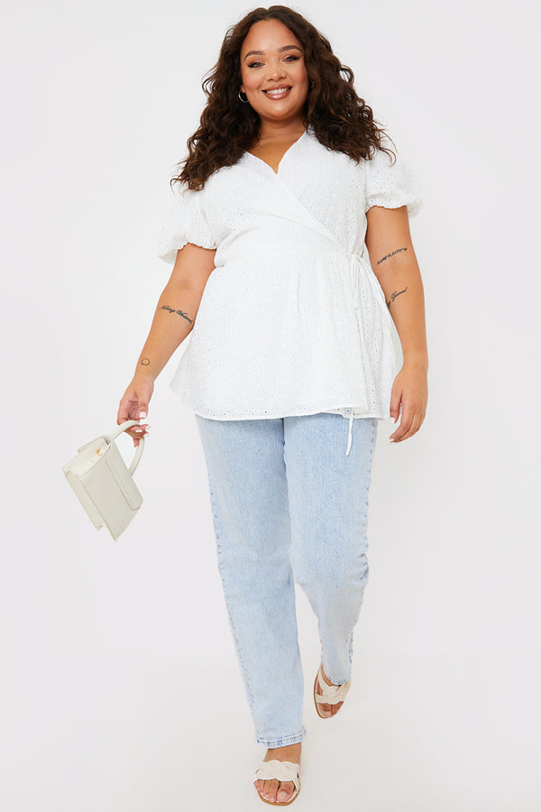 In The Style In The Style Wrap Front Broderie Top White