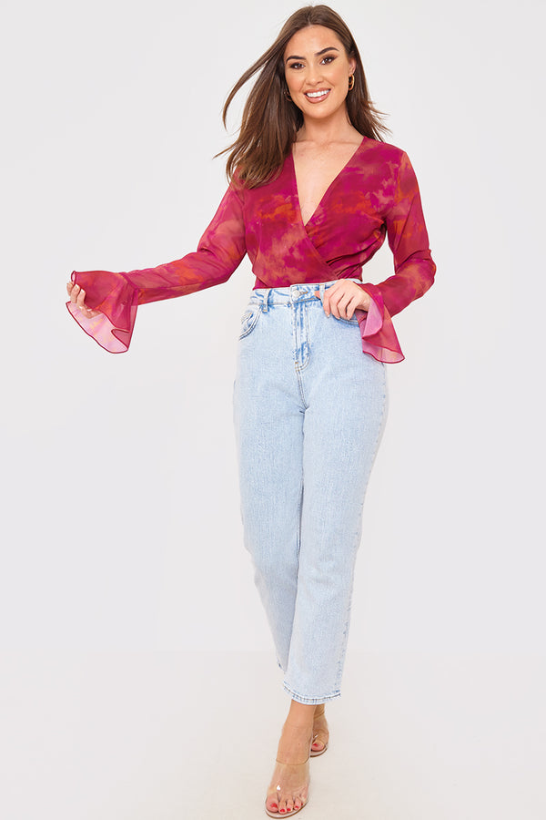 In The Style In The Style Wrap Front Flared Cuff Bodysuit Black