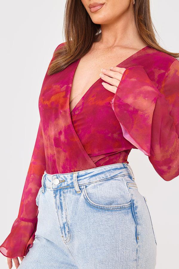 In The Style In The Style Wrap Front Flared Cuff Bodysuit Black