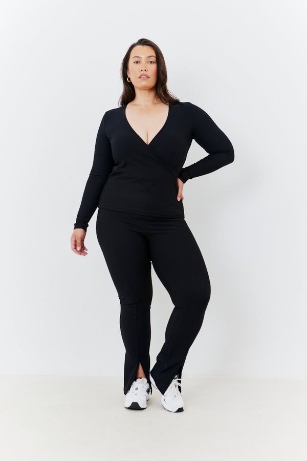 In The Style In The Style Wrap Front Rib Long Sleeve Top Black