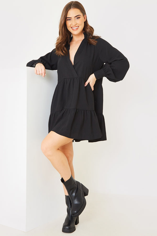 In The Style In The Style Wrap Front Smock Dress Black