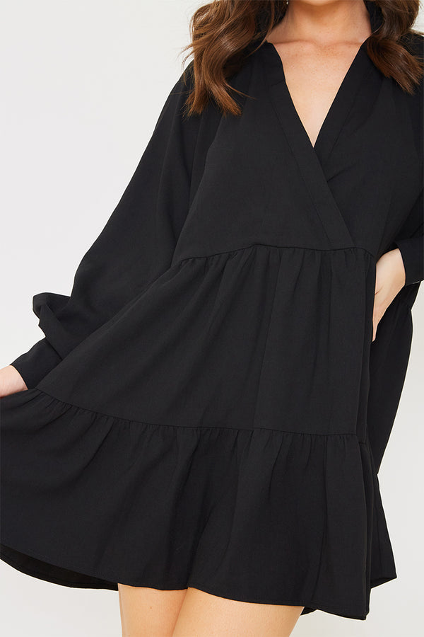 In The Style In The Style Wrap Front Smock Dress Black