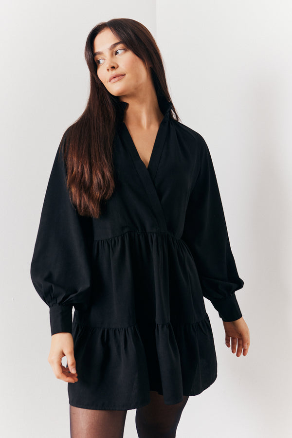 in the style In the Style Wrap Front V-Neck Smock Dress Black