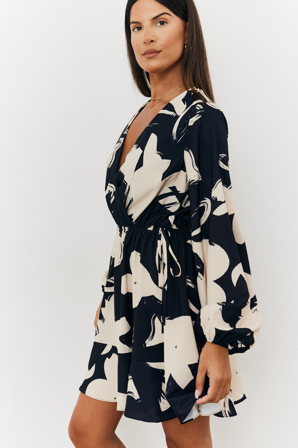 In The Style In The Style Wrap Puff Sleeve Mini Skater Dress Black