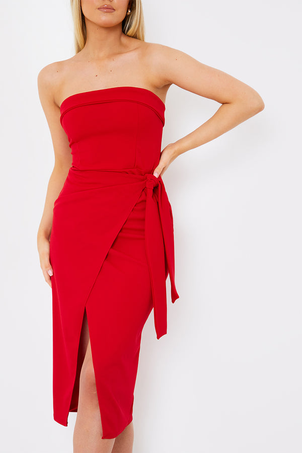 In The Style In The Style Wrap Tie Detail Bandeau Midi Dress Red