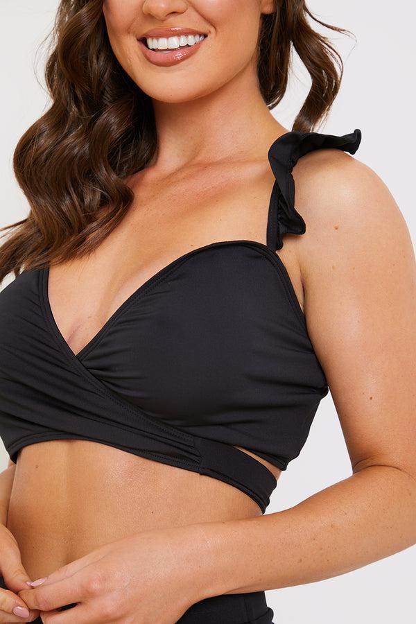 In The Style In The Style Wrap Tie Frill Bikini Top Black