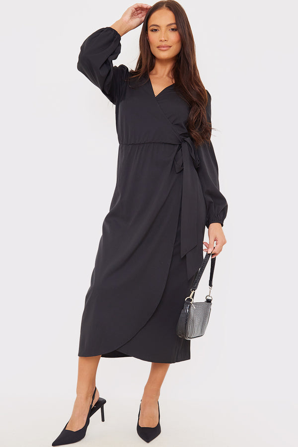 in the style In The Style Wrap Waist Midi Dress Black