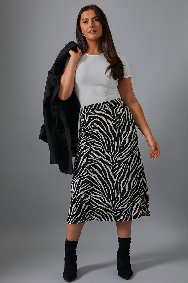 in the style In The Style Zebra Print Satin Midi Skirt Black