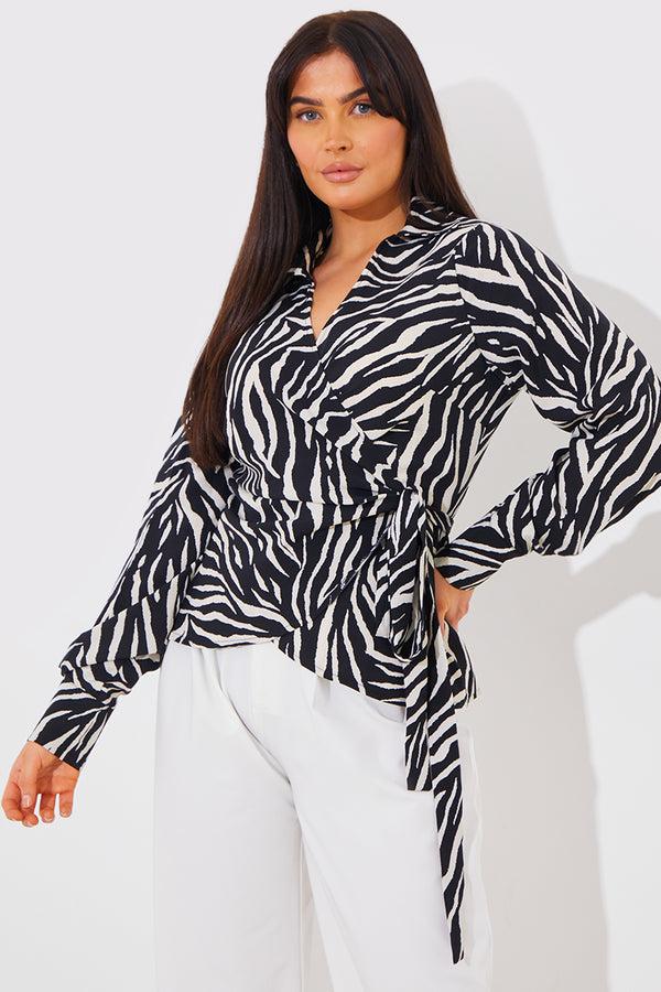 In The Style In The Style Zebra Print Wrap Front Shirt Black
