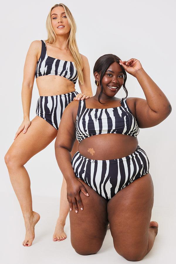 In The Style In The Style Zebra Ruched Front Square Neck Bikini Top White