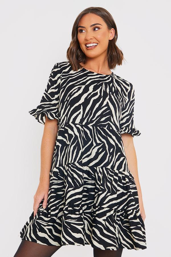 in the style In the Style Zebra Smock Dress With Frill Sleeve Black