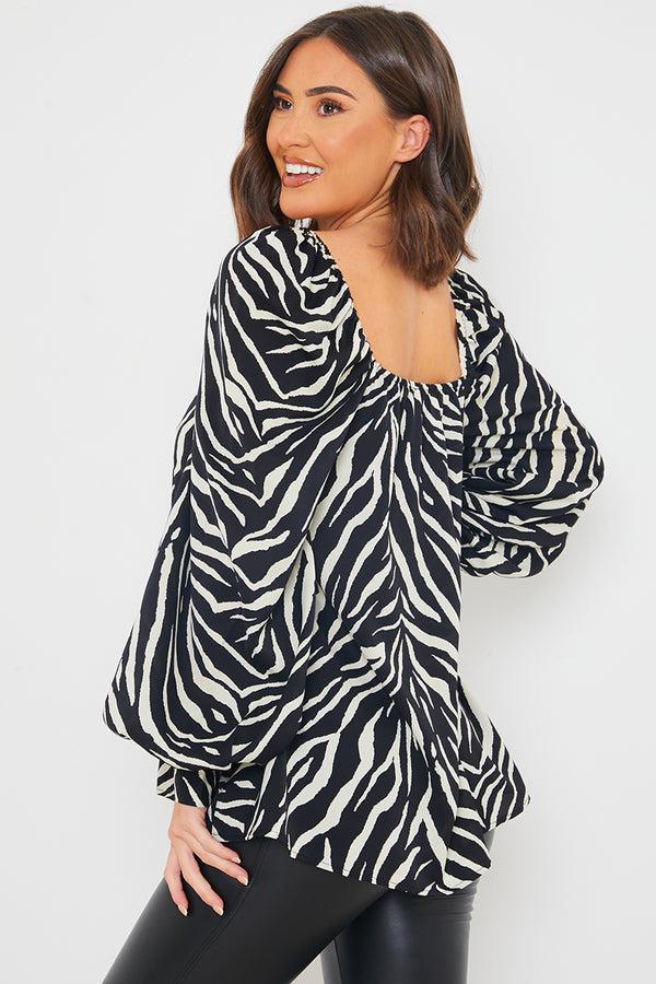 In The Style In The Style Zebra Woven Balloon Sleeve Blouse Black