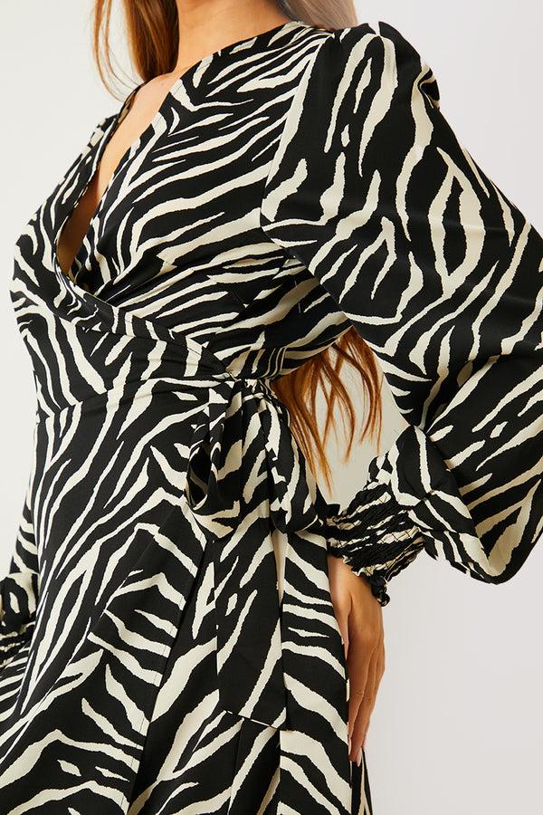 In The Style In The Style Zebra Woven Printed Wrap Midi Dress Black