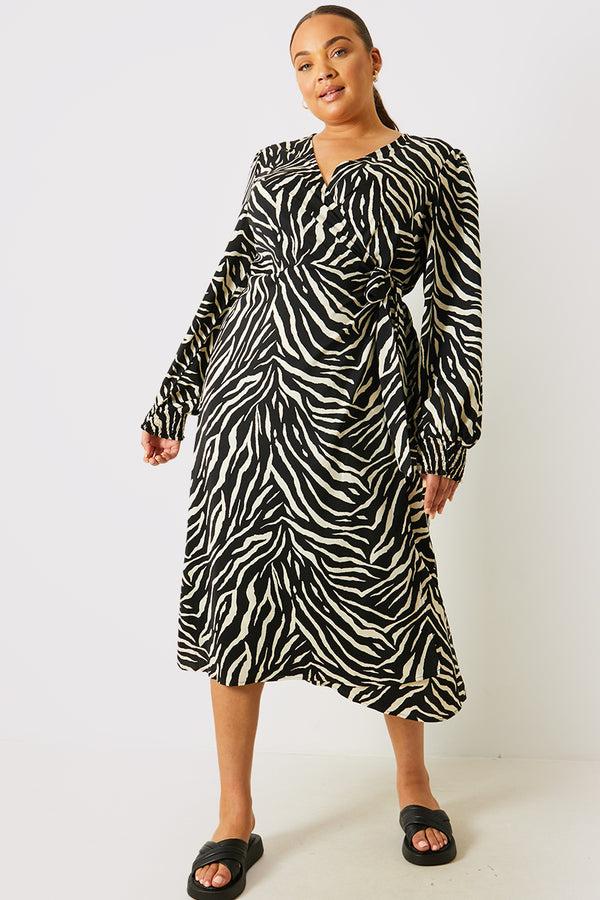 In The Style In The Style Zebra Woven Printed Wrap Midi Dress Black