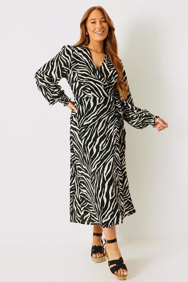 in the style In the Style Zebra Woven Printed Wrap Midi Dress Black
