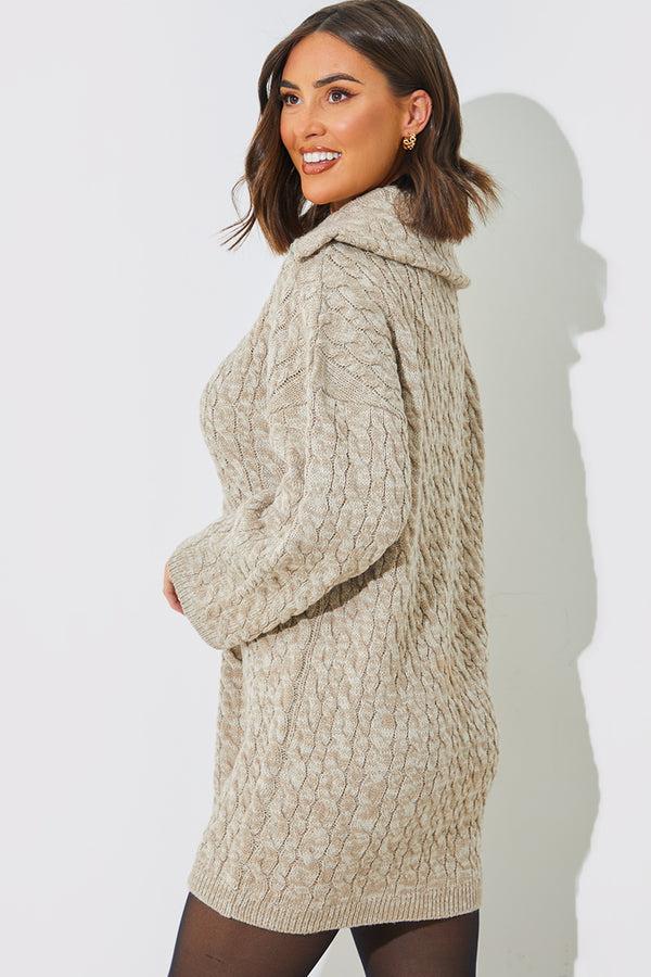 In The Style In The Style Zip Up Cable Knit Mini Dress Oatmeal