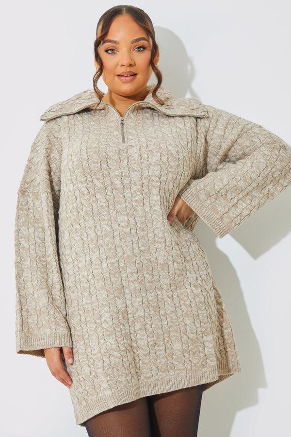 In The Style In The Style Zip Up Cable Knit Mini Dress Oatmeal