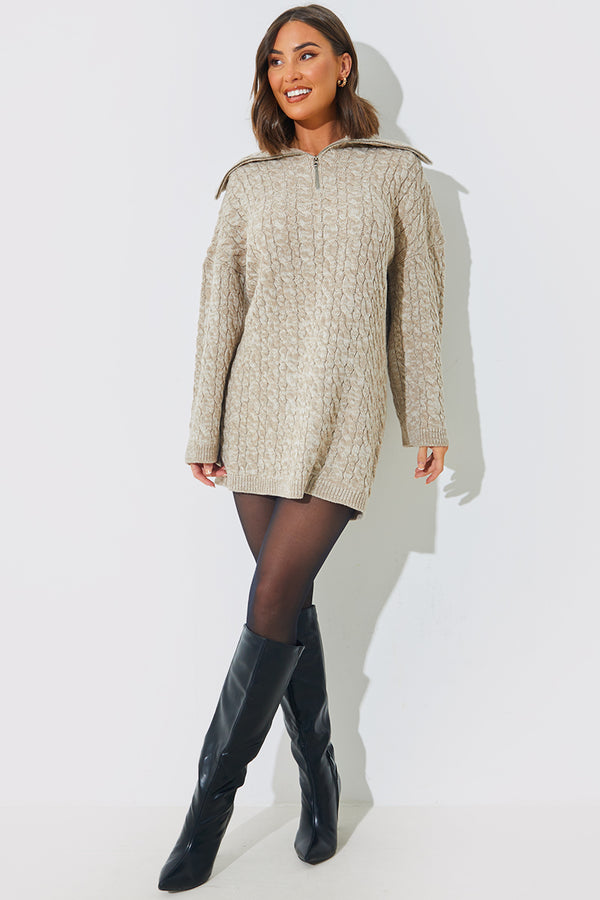 in the style In the Style Zip Up Cable Knit Mini Dress Oatmeal