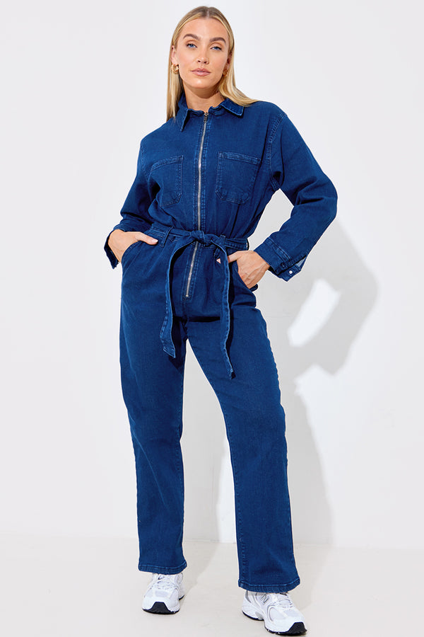 in the style In The Style Zip Up Denim Boilersuit Blue