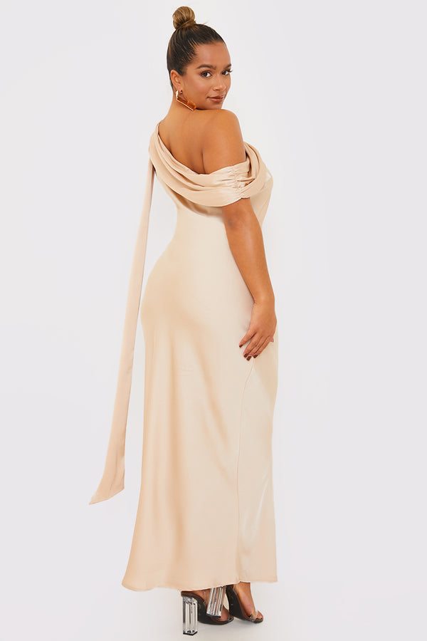 In The Style Terrie Mcevoy Asymmetric Draped Neckline Maxi Dress Nude
