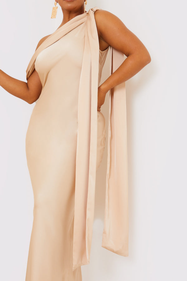 In The Style Terrie Mcevoy Asymmetric Draped Neckline Maxi Dress Nude