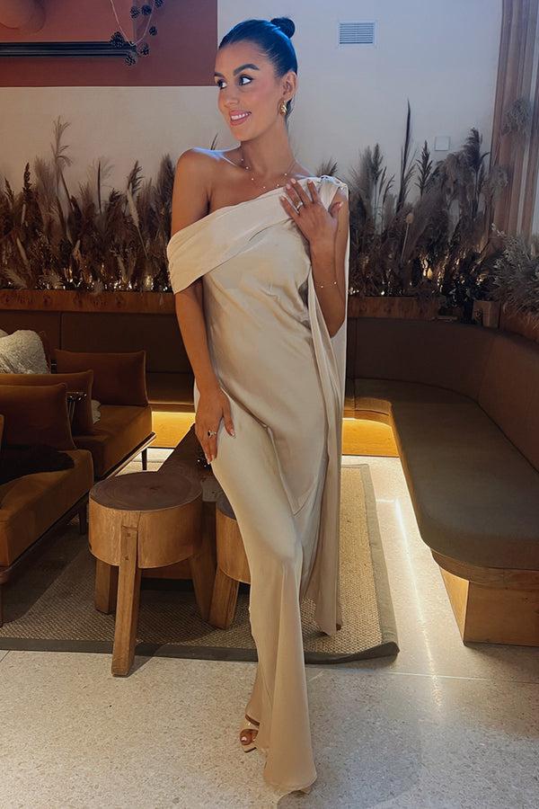 in the style Terrie Mcevoy Asymmetric Draped Neckline Maxi Dress Nude in the style Terrie Mcevoy Asymmetric Draped Neckline Maxi Dress Nude