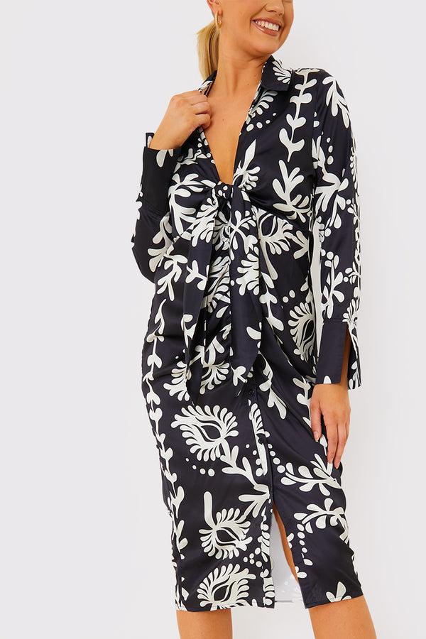In The Style Terrie Mcevoy Leaf Print Plunge Tie Front Midi Shirt Dress Black