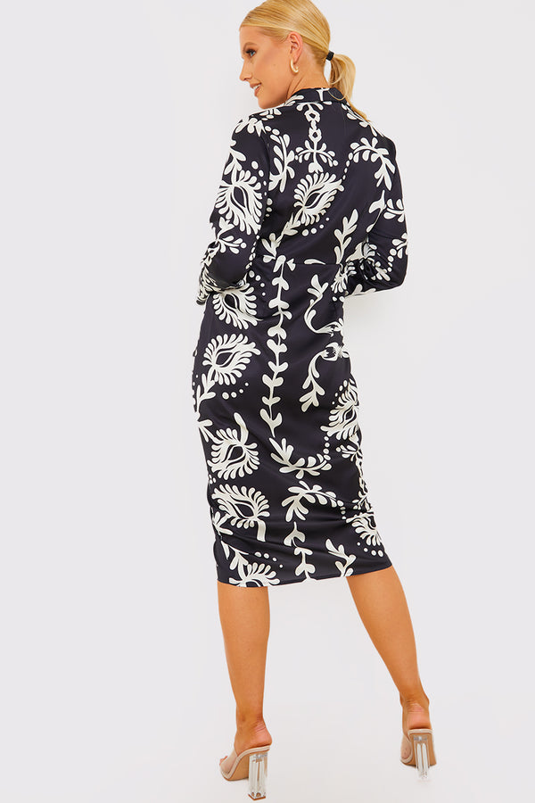 In The Style Terrie Mcevoy Leaf Print Plunge Tie Front Midi Shirt Dress Black