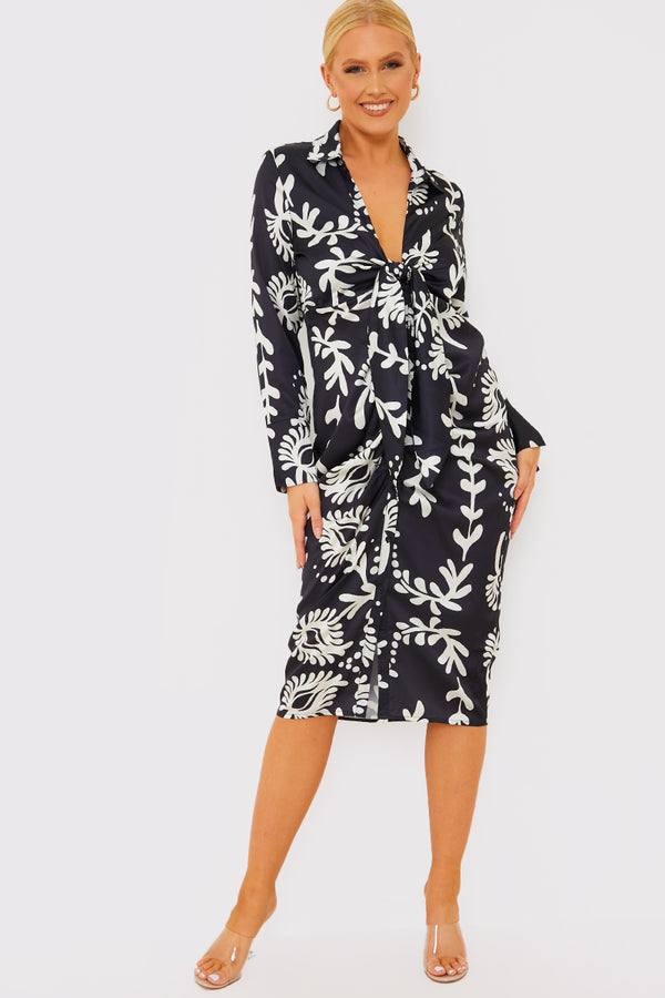 in the style Terrie Mcevoy Leaf Print Plunge Tie Front Midi Shirt Dress Black