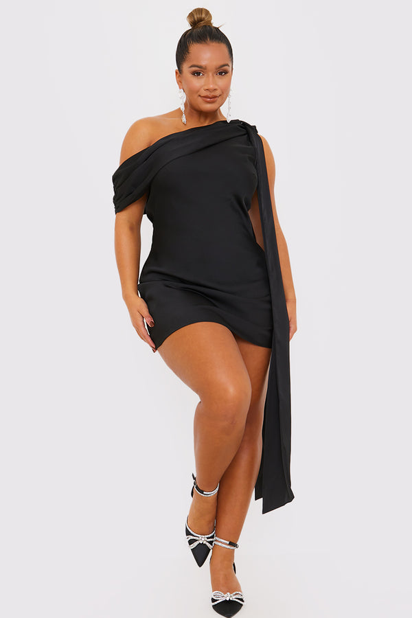In The Style Terrie Mcevoy Satin Asymmetric Neckline Mini Dress Black